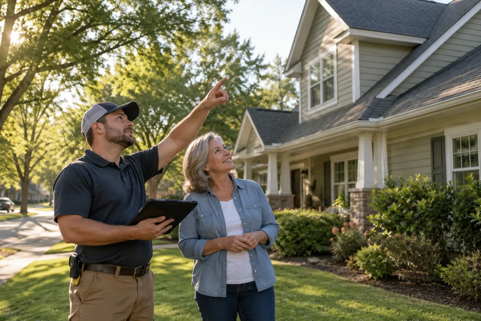 A friendly roofing provider and a homeowner looking up at a house roof in Chicago